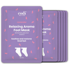Codi New York Relaxing Aroma Foot Mask packaging front shows lavender hydration benefits.