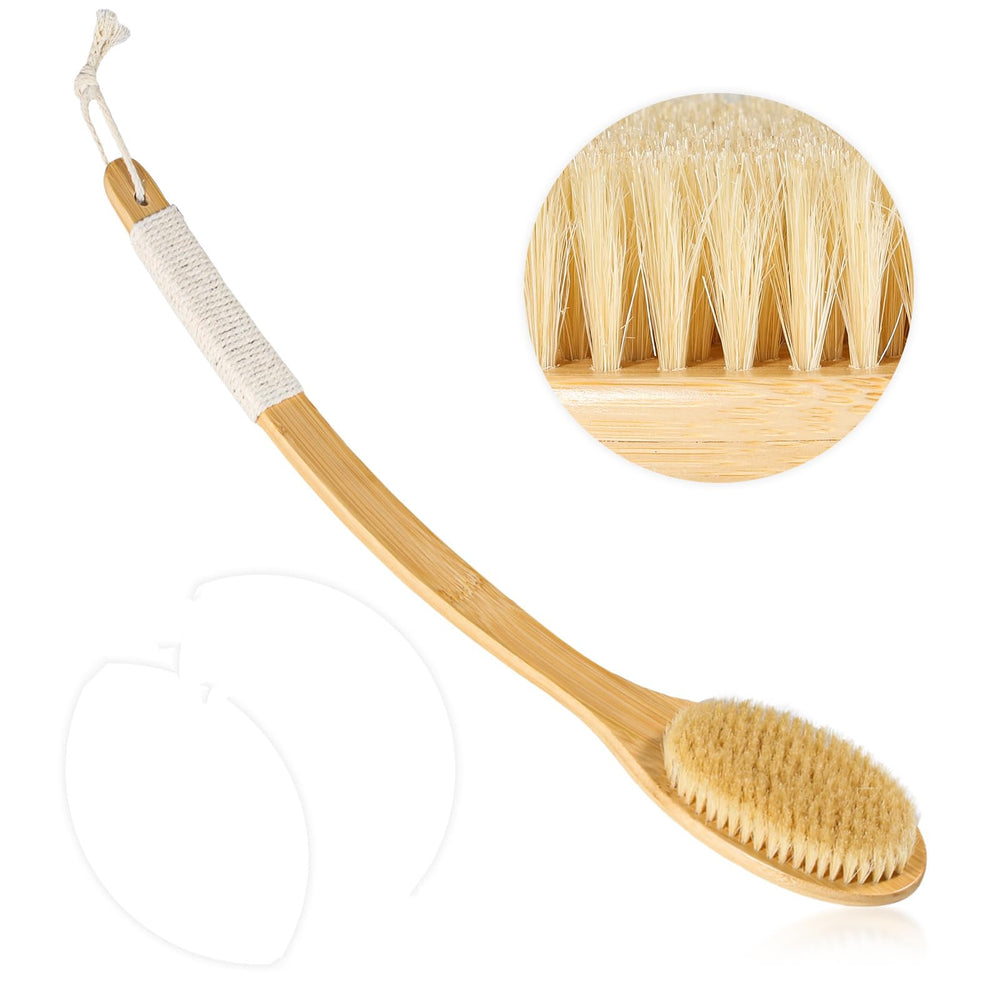 COINPOTIA Bath Body Brush front view shows long bamboo handle for hard-to-reach areas