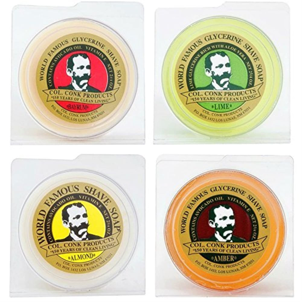 Col. Conk shave soap variety pack shows four cakes for rich, inviting lather.