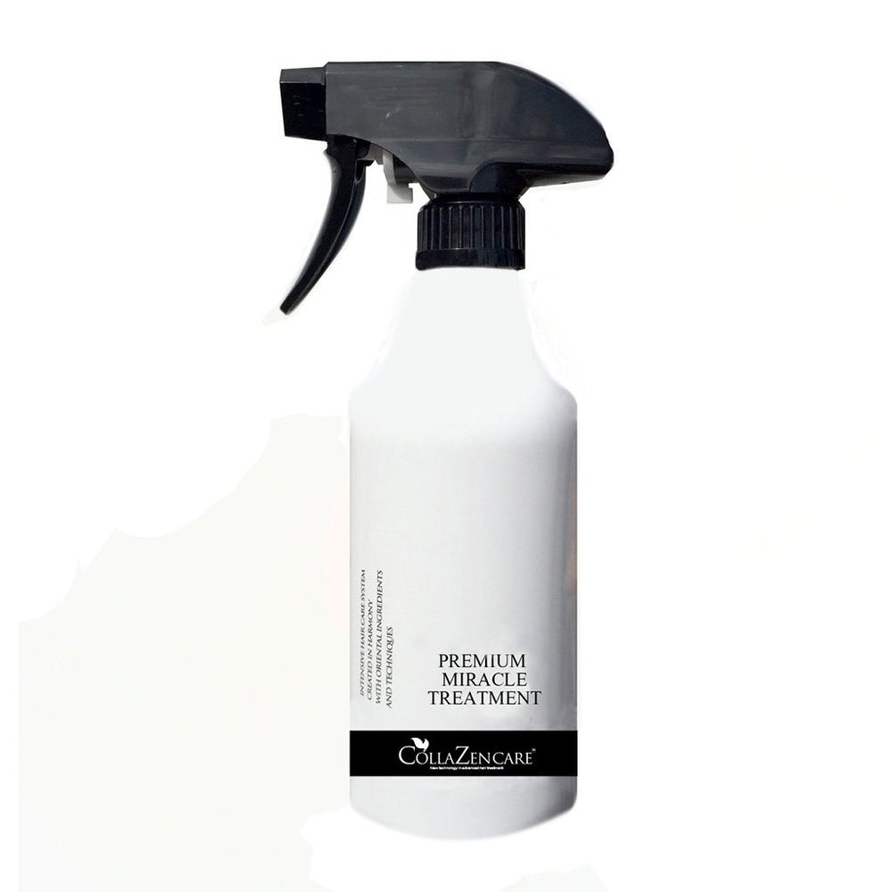 Collazen Care Premium Miracle Treatment 500ml bottle promotes detangling and silky, healthier-looking hair.