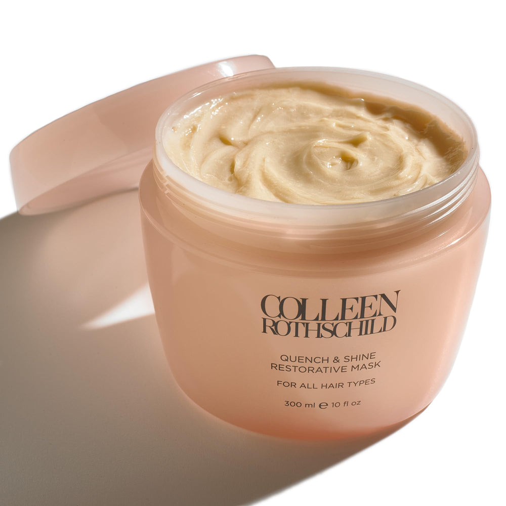 COLLEEN ROTHSCHILD Quench & Shine mask bottle shows lightweight hydration for color-safe shine.