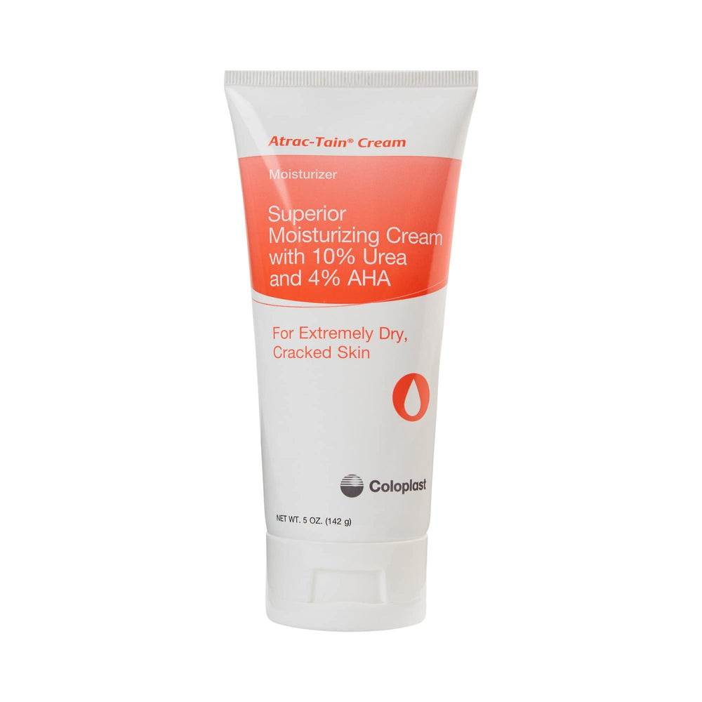 Coloplast Atrac-Tain cream tube shows a 5-ounce size for at-home intensive moisturization.