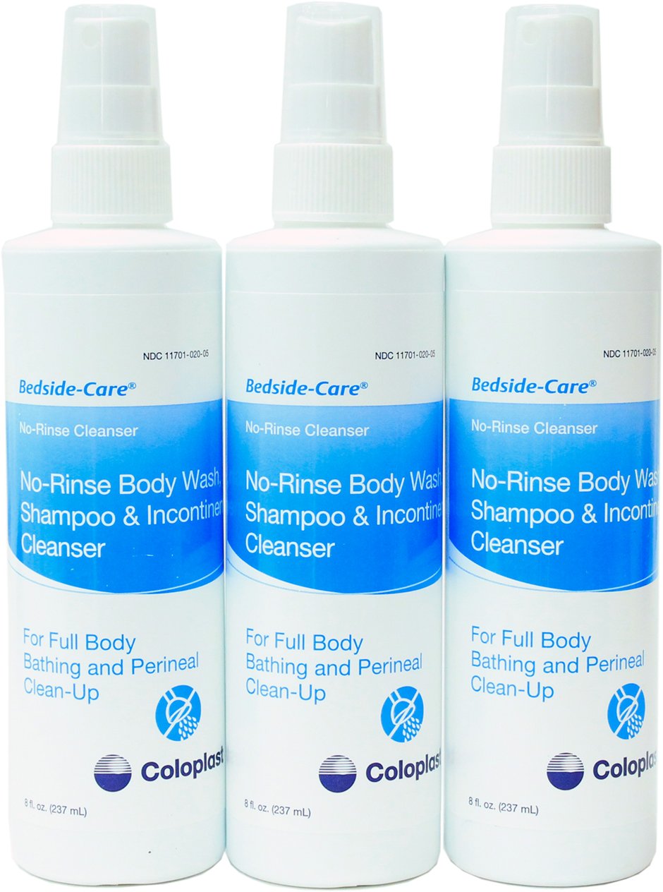 Coloplast Bedside-Care Body Wash Spray bottle for rinseless cleansing, convenient bedside hygiene during daily routines.
