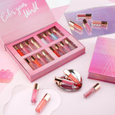 Color Nymph 16pcs gloss tubes showcase shimmering colors for versatile, long-lasting looks.