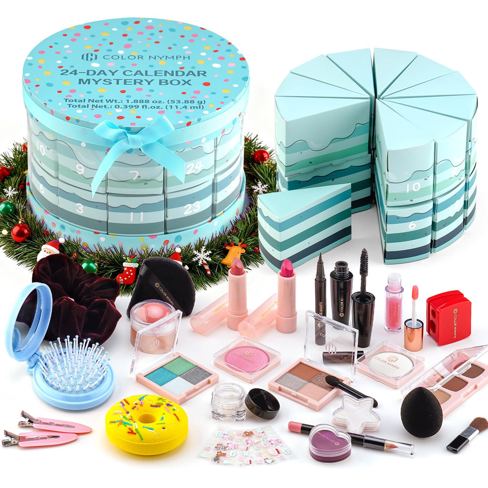 Color Nymph advent calendar cake-shaped packaging showcases festive gift design.