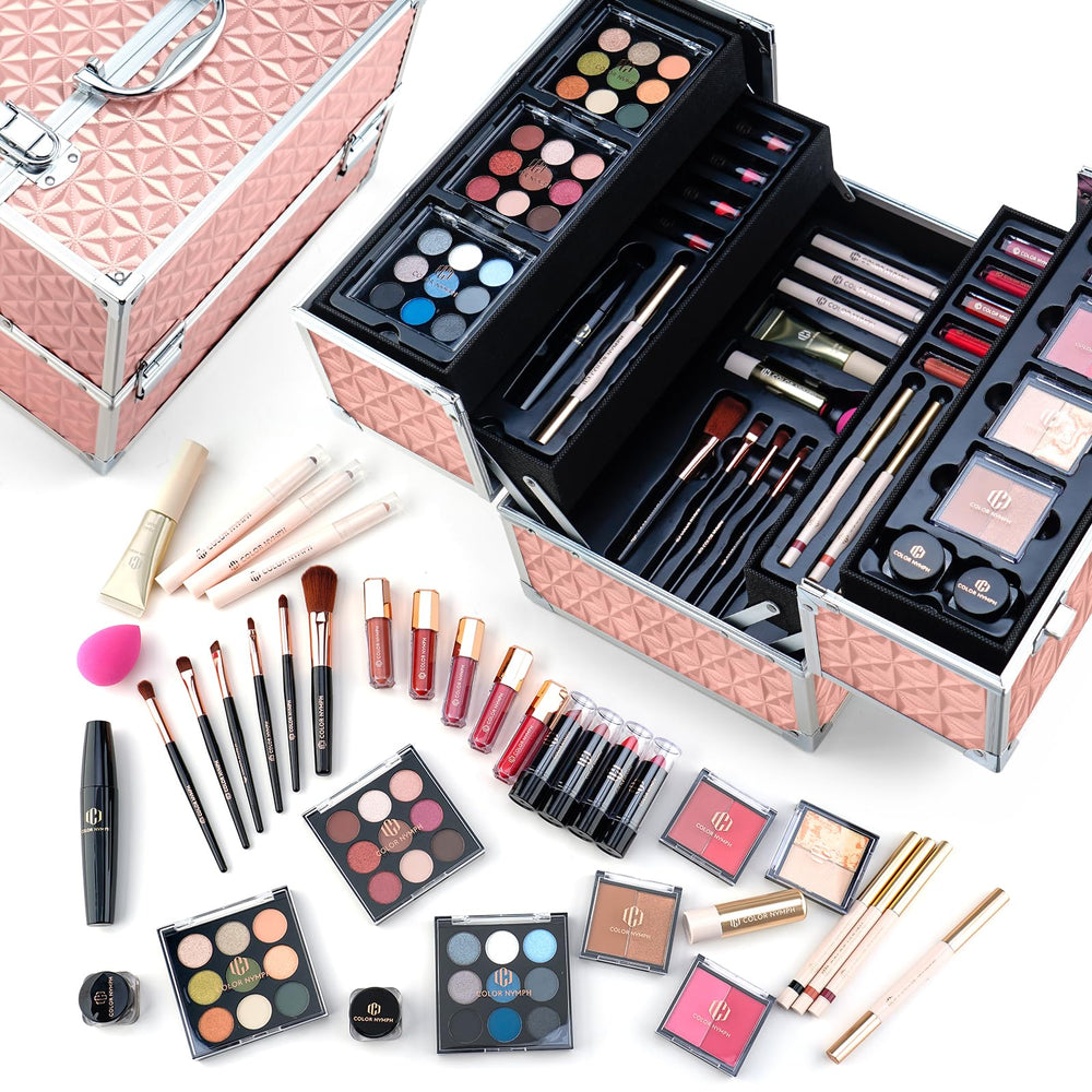 Color Nymph train case open showing a portable, beginner-friendly makeup kit.