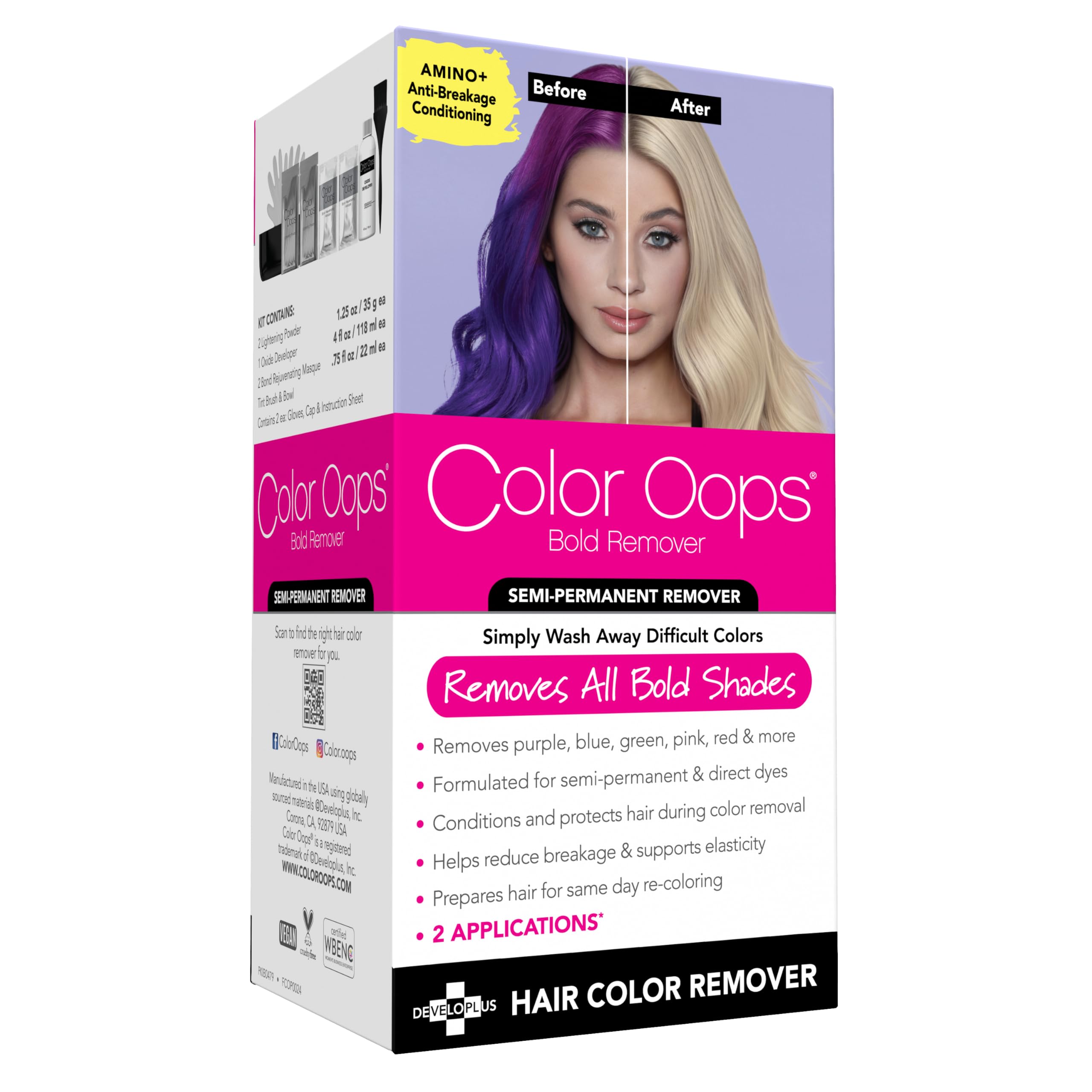 Color Oops Bold Remover bottle closeup; safely fades direct dyes for a clean base.