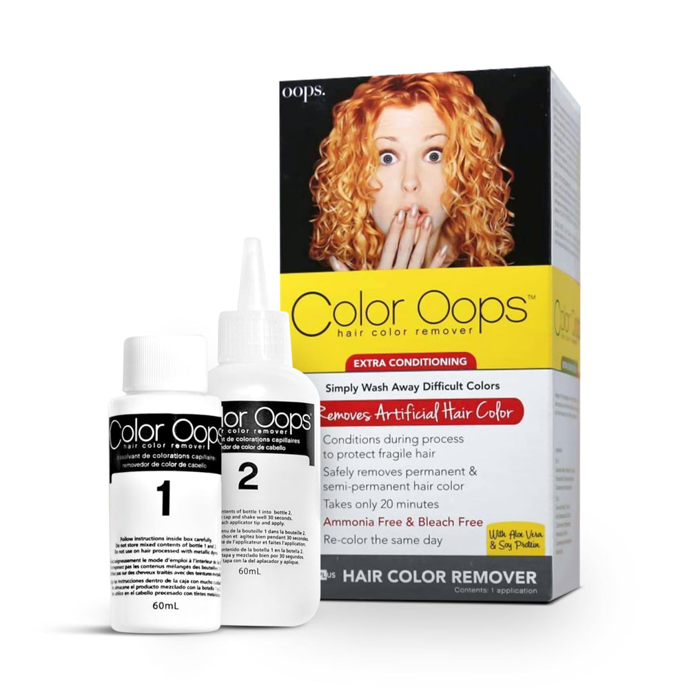 Color Oops remover bottle application demonstrates quick dye removal for easier shade changes.