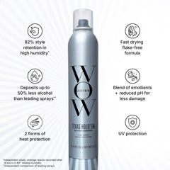COLOR WOW spray on hair texture showing fast-dry, no-crunch benefit
