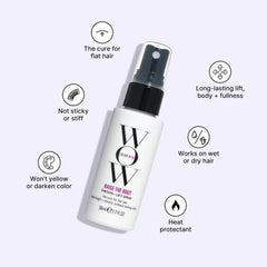 COLOR WOW product in use during blow-dry showing instant lift at roots for fuller hair benefit