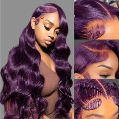 Colorful Bird dark purple body wave wig with 13x4 lace front for natural parting.