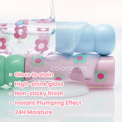 COLORGRAM Fruity Glass Tint 1004 Pink Gloss on lips with long-lasting moisture