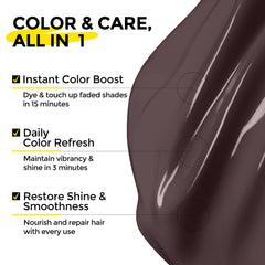 Colorlomo hair close-up shows smoky taupe-brown tone for brassiness reduction.