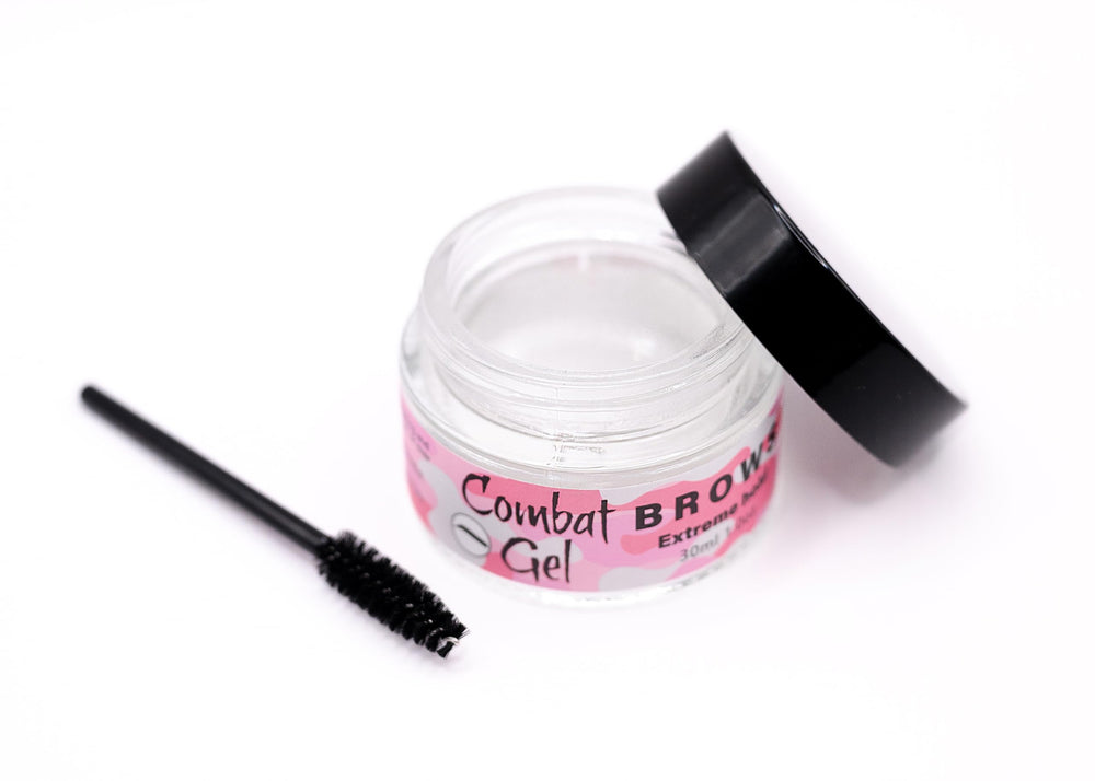 Combat Brow Gel bottle demonstrates long-lasting hold for defined brows.