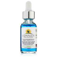 Complete Skin Solutions copper peptide serum bottle front promotes anti-aging care