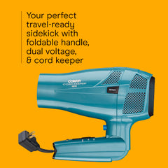 Conair 1875W travel dryer with ionic tech in teal for smooth results.