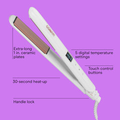 Conair double ceramic flat iron showing digital heat settings for precise styling flexibility.