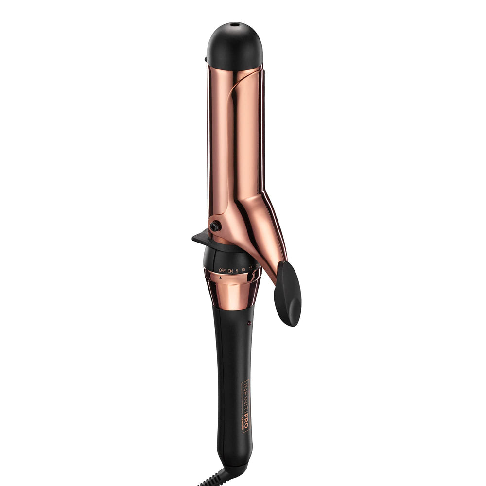 Conair INFINITIPRO Rose Gold Titanium 1.5-inch curling iron close-up for smooth waves.