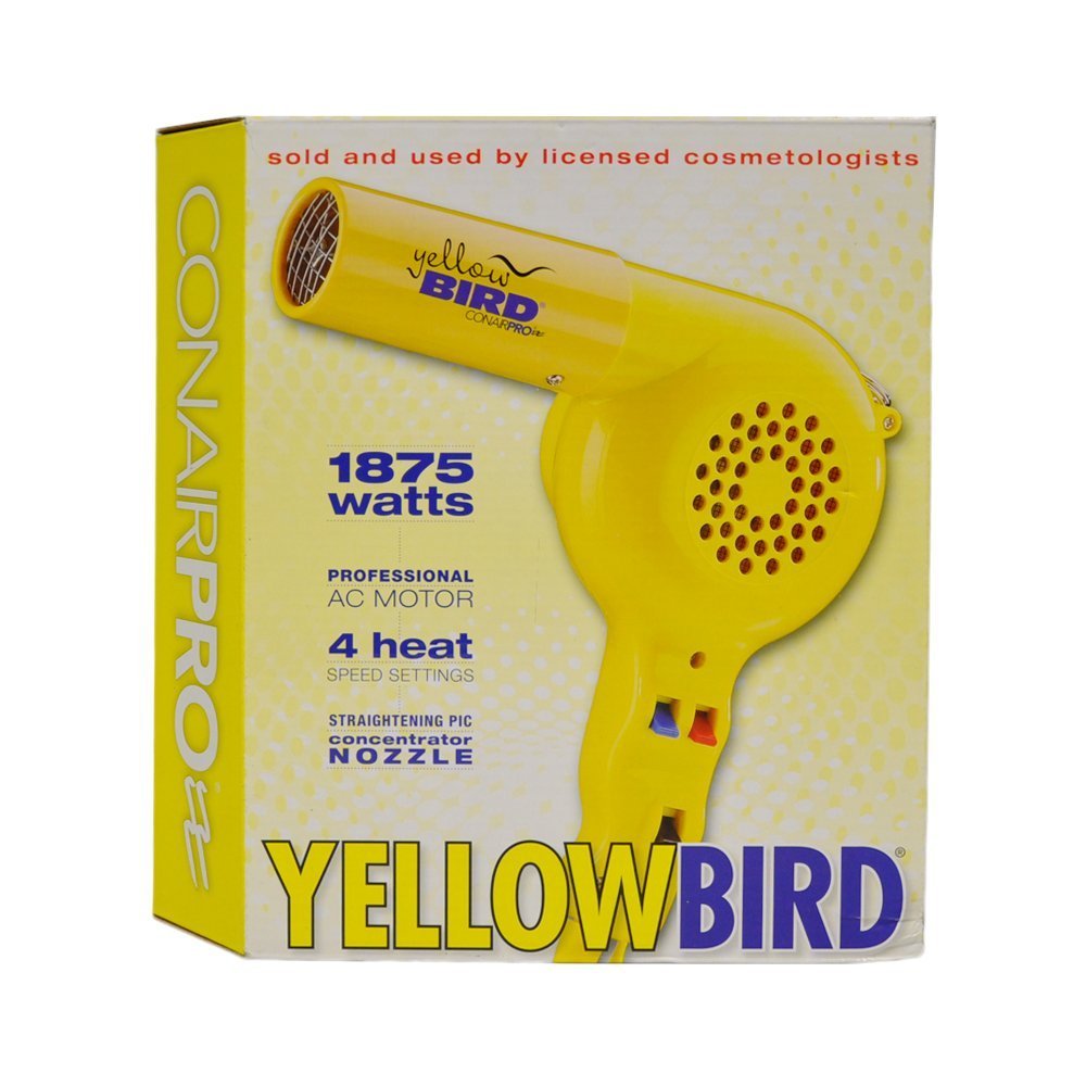 Conair Pro Yellow Bird Hair Dryer front view; compact styling tool for salon-like at-home results.