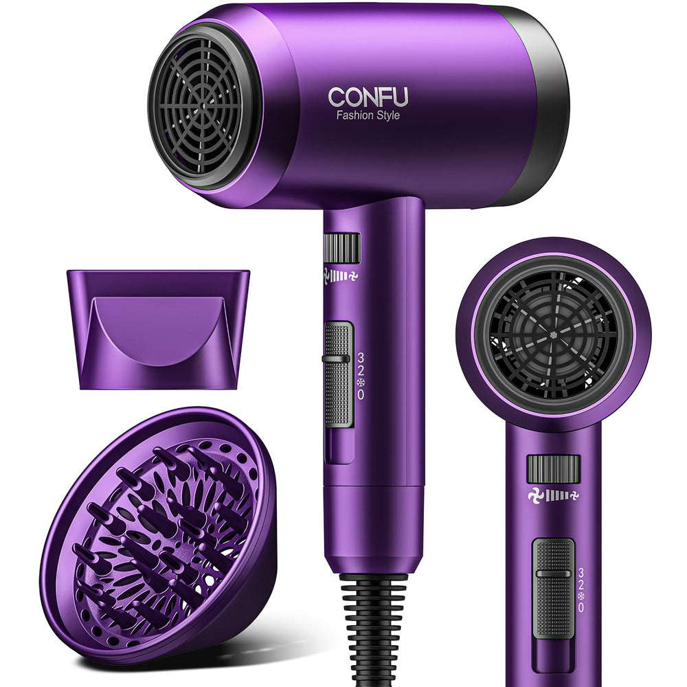 CONFU hair dryer with diffuser attachment enhances natural curls and texture.