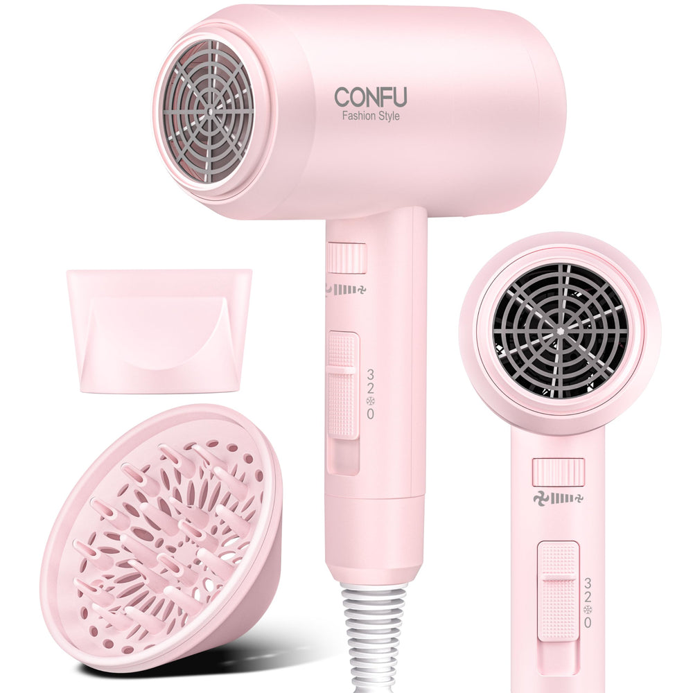 CONFU hair dryer front view showing portable design for quick styling at home