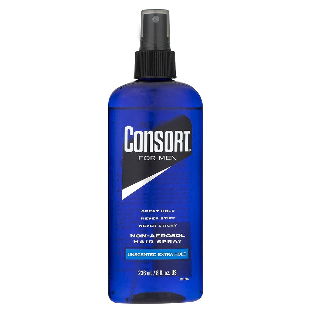 Consort hair spray for men bottle close-up showing 12-hour natural hold.