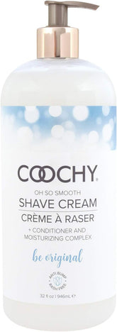 Coochy intimate shaving cream bottle promotes silky shave and skin comfort.