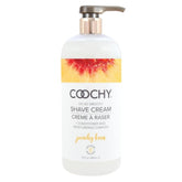 Coochy Peachy Keen bottle closeup shows moisturizing shave cream for sensitive areas.