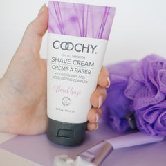 Coochy Shave Cream texture closeup reveals velvety formula that reduces tugging
