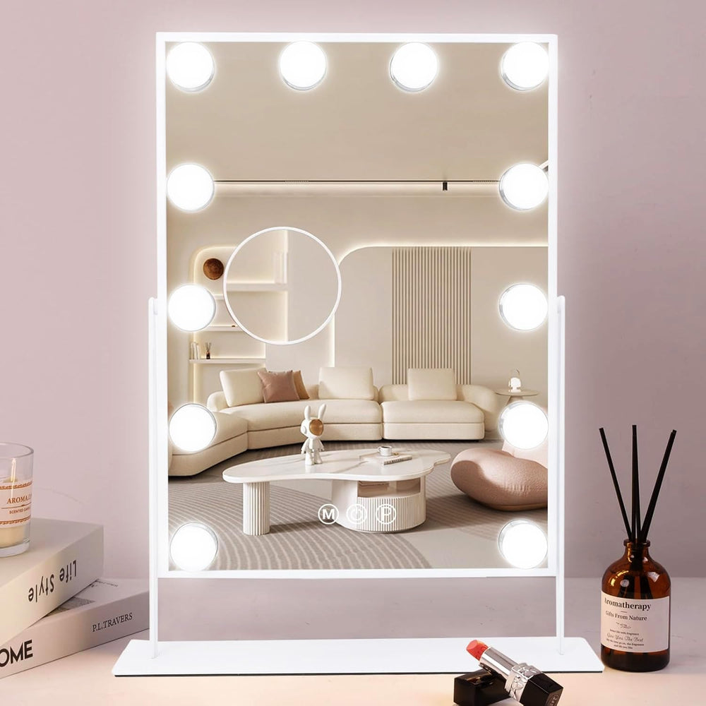 COOLJEEN makeup mirror with 12 LED bulbs providing even lighting for makeup application