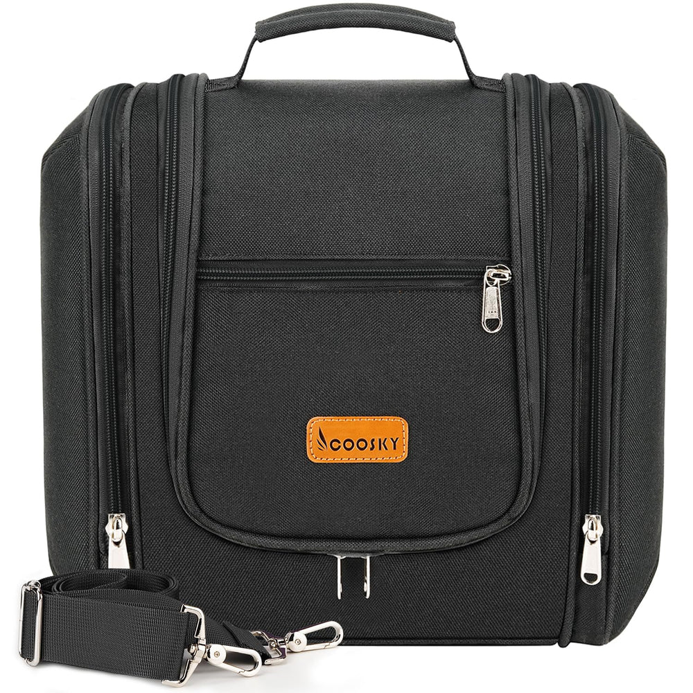 COOSKY travel hanging toiletry bag front view keeps cosmetics organized on the go.