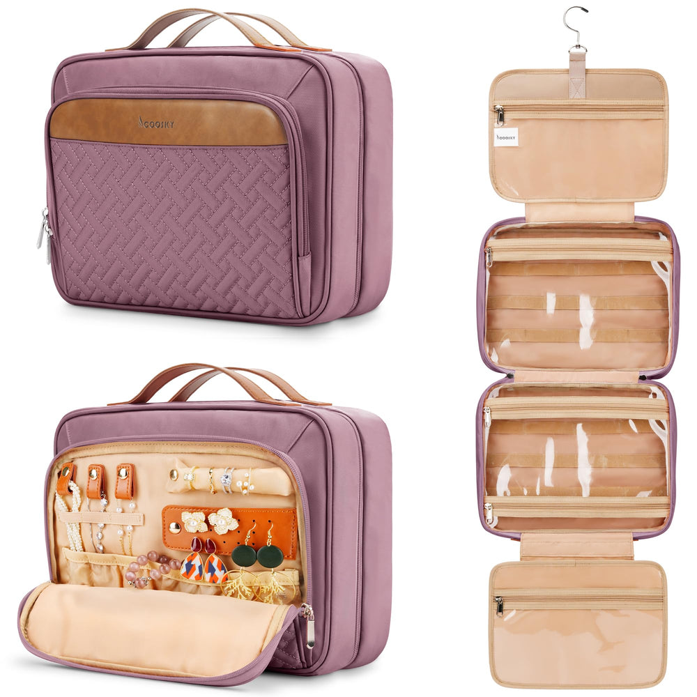 COOSKY Travel Hanging Toiletry Bag with jewelry-compartment keeps accessories organized on trips.