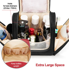 COOSKY travel hanging toiletry bag side compartments hold items upright for quick access.