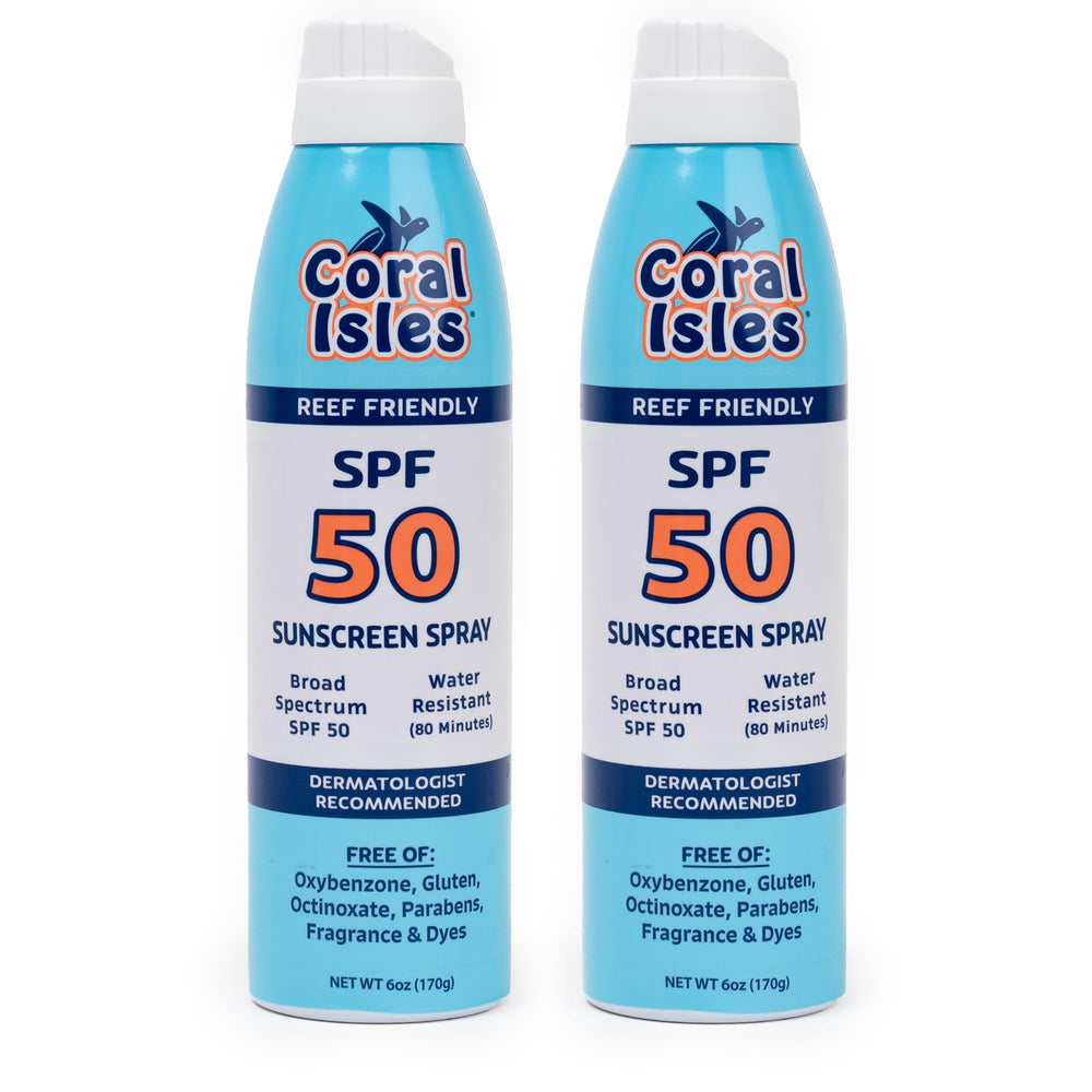 Coral Isles SPF50 sunscreen spray bottle front for reef-safe sun protection