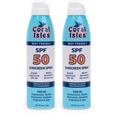 Coral Isles SPF50 sunscreen spray bottle front for reef-safe sun protection