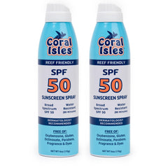 Coral Isles SPF50 sunscreen spray bottle front for reef-safe sun protection