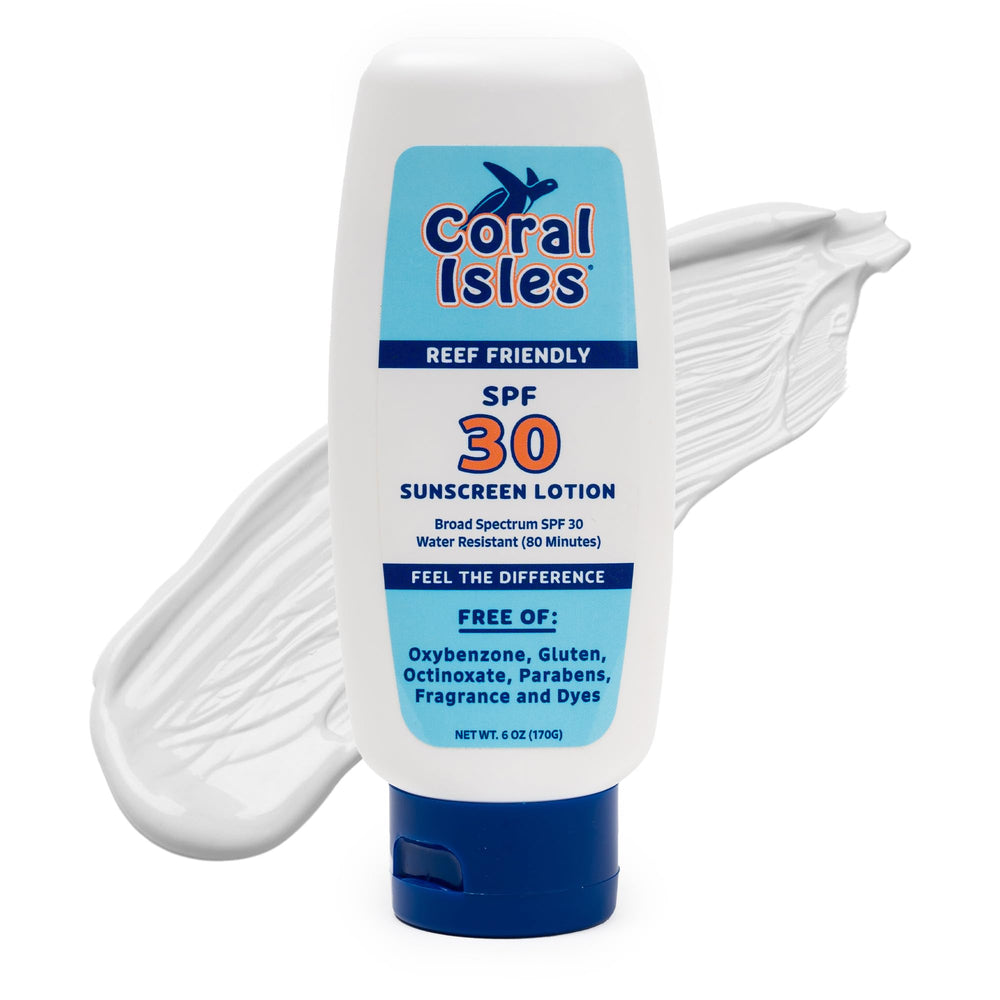 Coral Isles SPF30 bottle front with lightweight, non-greasy finish