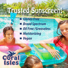 Coral Isles Sunscreen Spray close-up label highlights reef-safe Hawaii-compliant formula