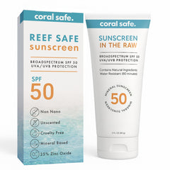 Coral Safe Reef Safe Mineral Sunscreen Travel Lotion front label highlights reef-friendly SPF 50 protection.