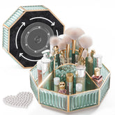CoralHouse 360° rotating makeup organizer, top view, keeps cosmetics accessible on a vanity.