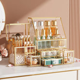 CoralHouse Clear Makeup Organizer with Gold Frame, top view showing organized vanity storage