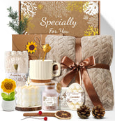 Coralogo sunflower spa basket featuring warm blanket for relaxing self-care moments