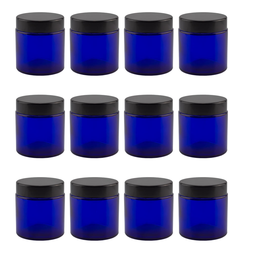 Cornucopia Brands 4oz cobalt blue glass jar, front view, UV protection for preserved ingredients.
