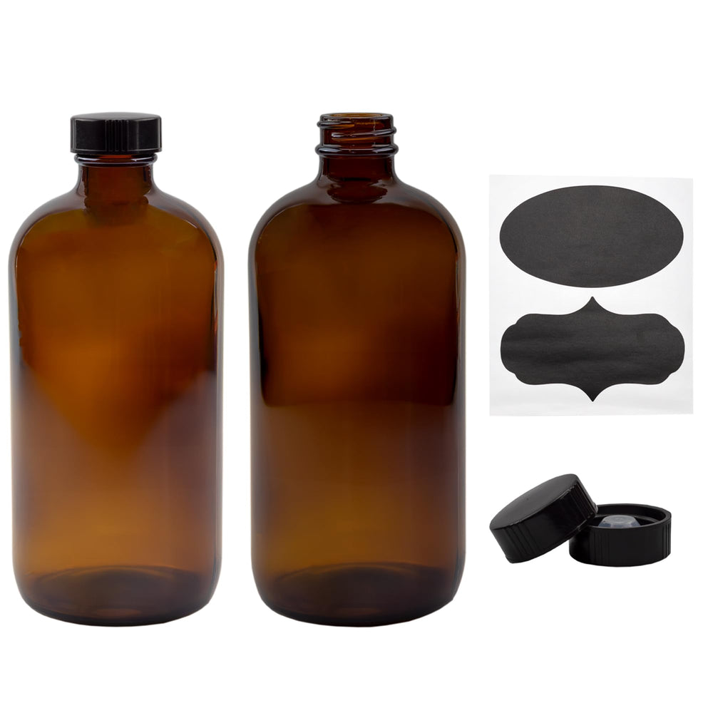 Cornucopia Brands amber Boston Round bottle ready for 16oz essential oil storage.