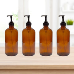 Cornucopia Brands amber glass bottle close-up shows lockable pump for mess-free storage.