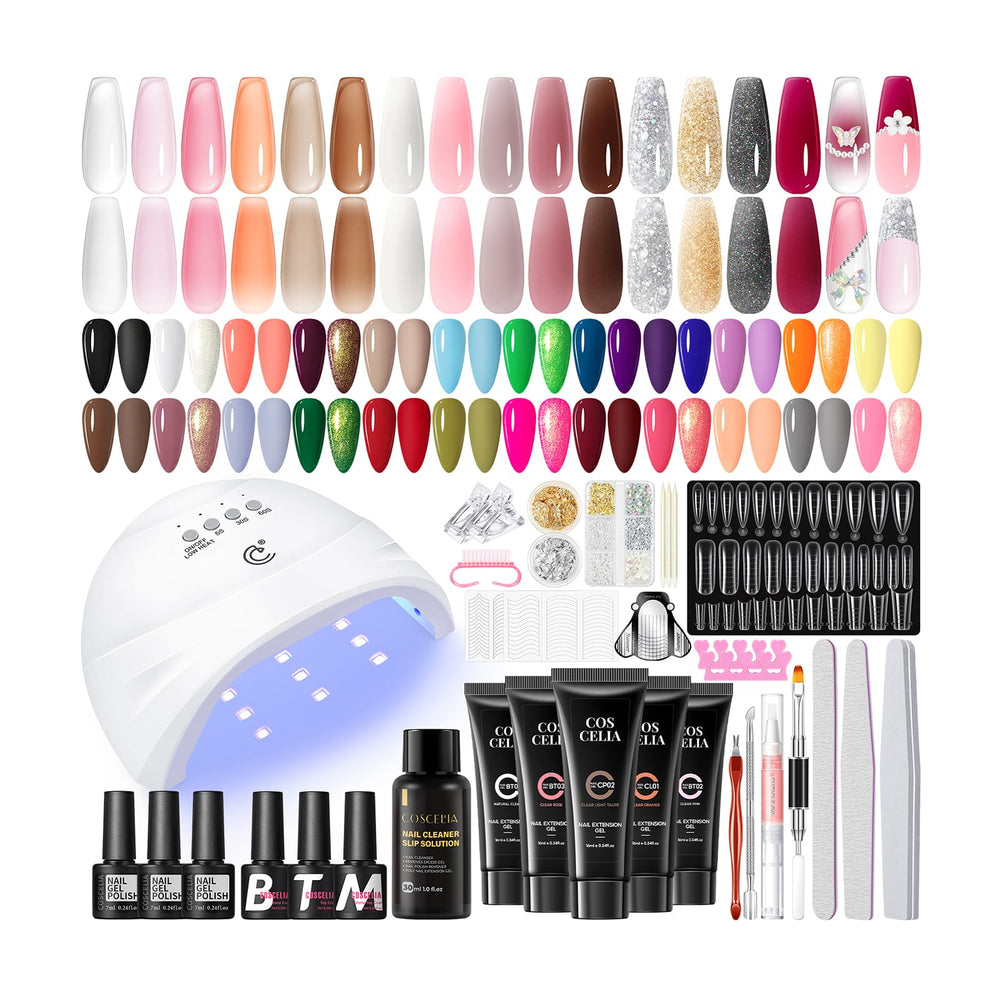 COSCELIA 67pc gel nail kit with UV light opened display for at-home salon-ready manicures