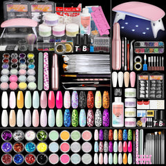COSCELIA acrylic nail kit beginners layout shows organized tools for at-home manicure convenience.