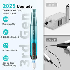 COSLUS cordless nail drill open case with six bits and sanding bands for versatile styling.