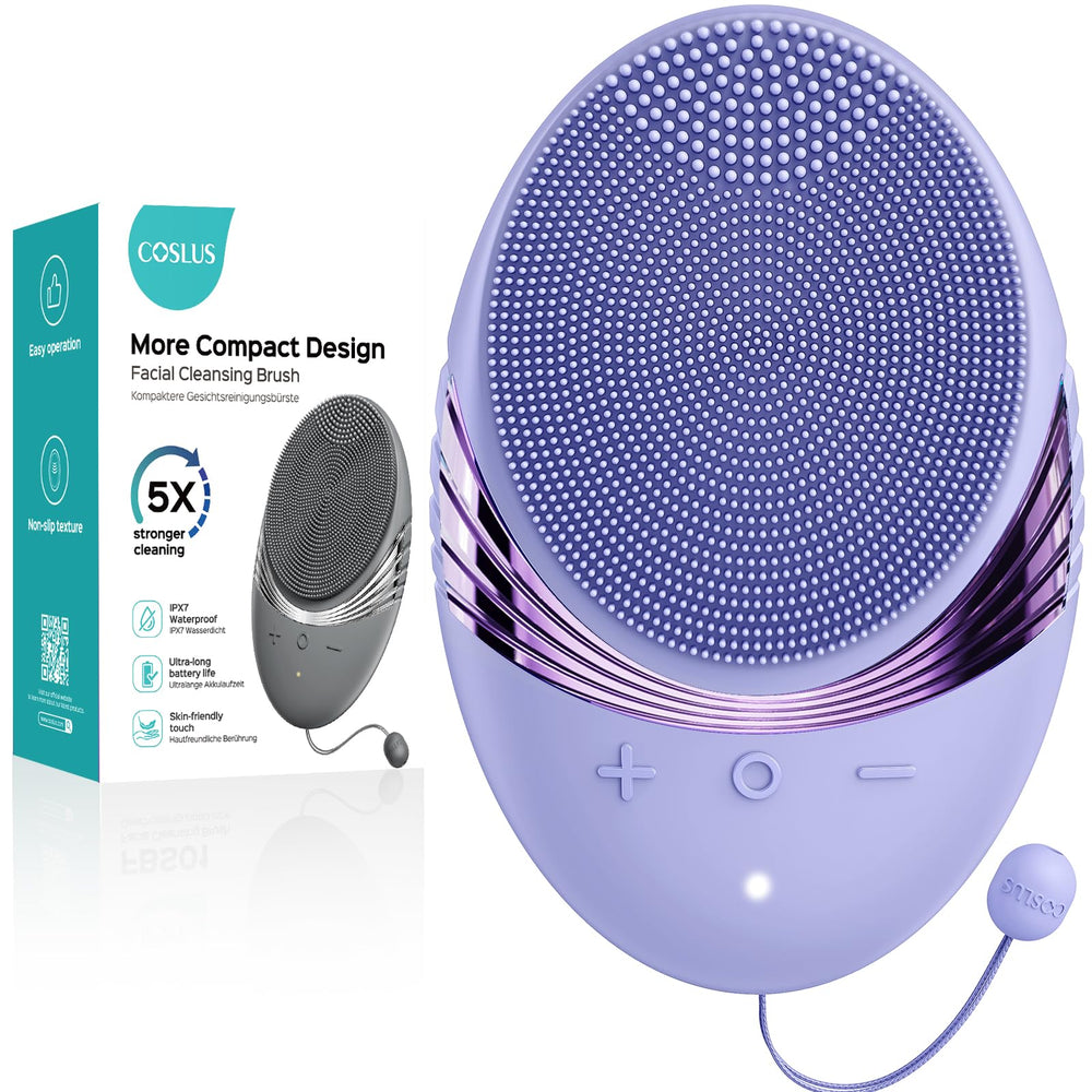 COSLUS face scrubber top view showing compact travel-friendly design for cleansing on the go