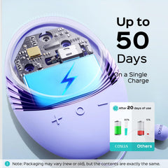 COSLUS face scrubber charging via USB showing long battery life for days of use
